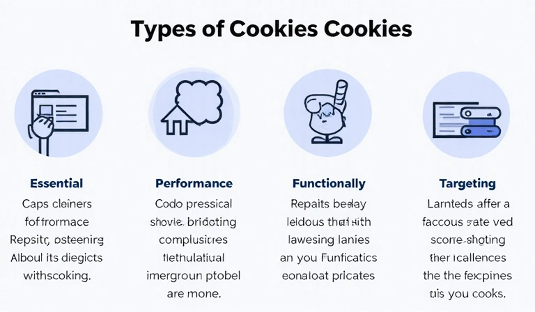 Infographie montrant différents types de cookies et leurs fonctions, avec des icônes pour l'essentiel, la performance, la fonctionnalité et le ciblage.
