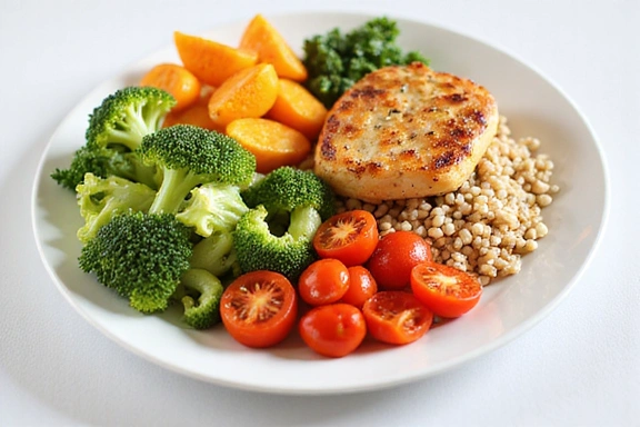 Assiette équilibrée avec légumes, protéines et céréales