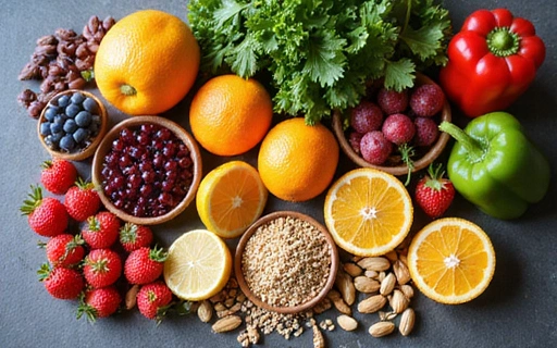 Image symbolisant la naturalité et l'équilibre avec des fruits frais, des légumes et des grains entiers disposés harmonieusement.